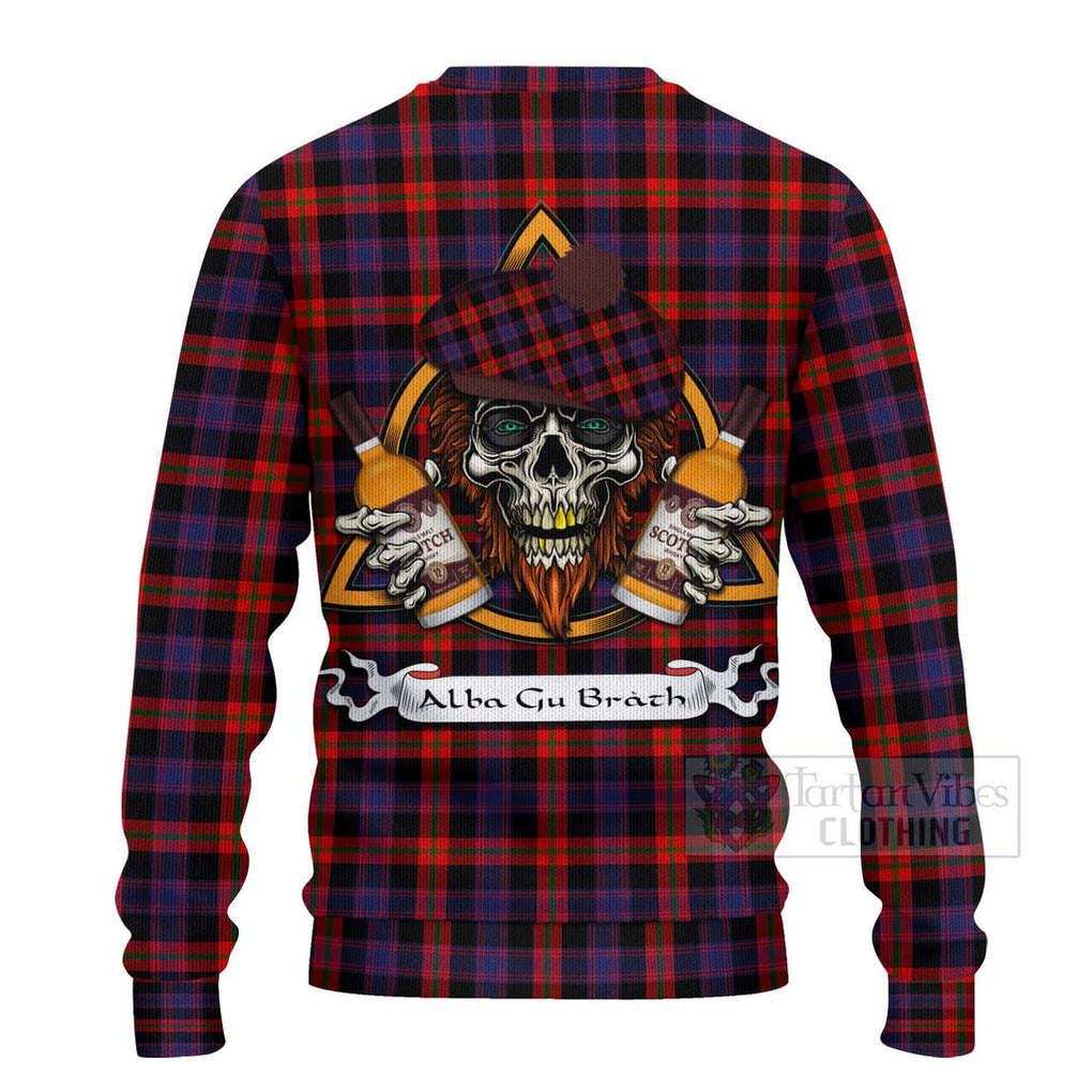 Tartan Vibes Clothing Brown (Broun) Tartan Knitted Sweater with Family Crest and Bearded Skull Holding Bottles of Whiskey