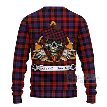 Tartan Vibes Clothing Brown (Broun) Tartan Knitted Sweater with Family Crest and Bearded Skull Holding Bottles of Whiskey