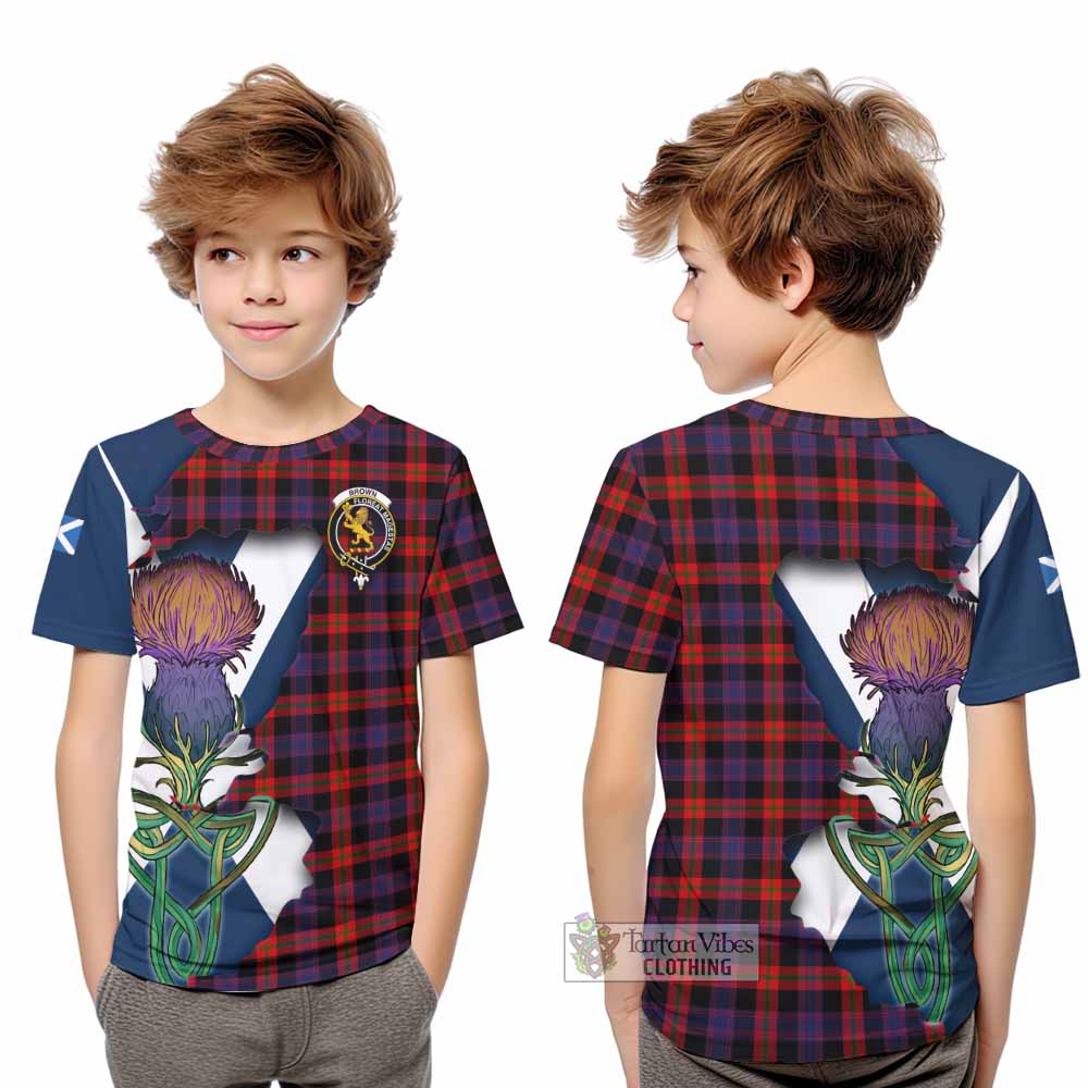 Tartan Vibes Clothing Brown (Broun) Tartan Family Crest Kid T-Shirt Scottish Thistle Celtic Inspired