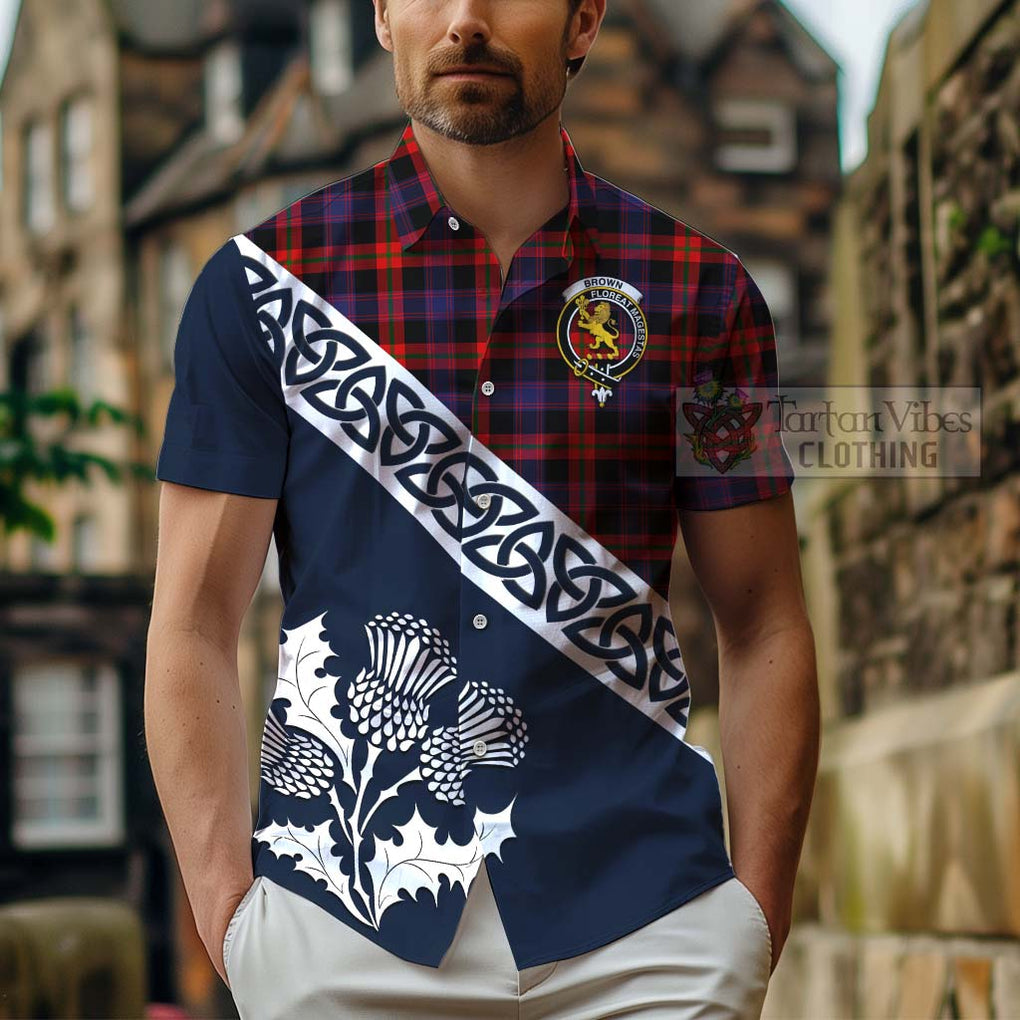Tartan Vibes Clothing Brown (Broun) Tartan Short Sleeve Button Shirt Featuring Thistle and Scotland Map