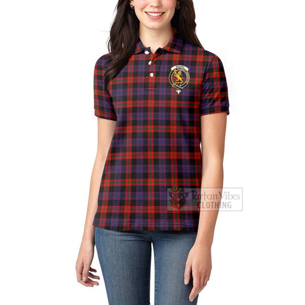 Tartan Vibes Clothing Brown (Broun) Tartan Women's Polo Shirt with Family Crest Celtic Skull Style