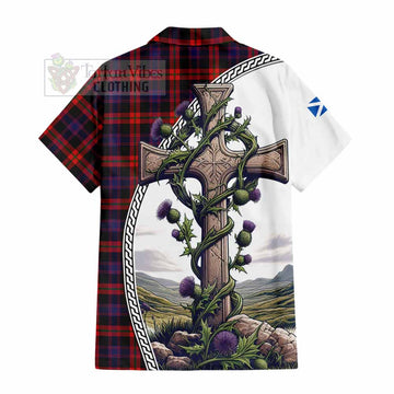 Tartan Vibes Clothing Brown (Broun) Tartan Short Sleeve Button Shirt with Family Crest and St. Andrew's Cross Accented by Thistle Vines