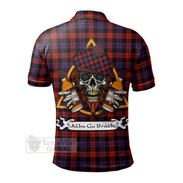 Tartan Vibes Clothing Brown (Broun) Tartan Polo Shirt with Family Crest and Bearded Skull Holding Bottles of Whiskey