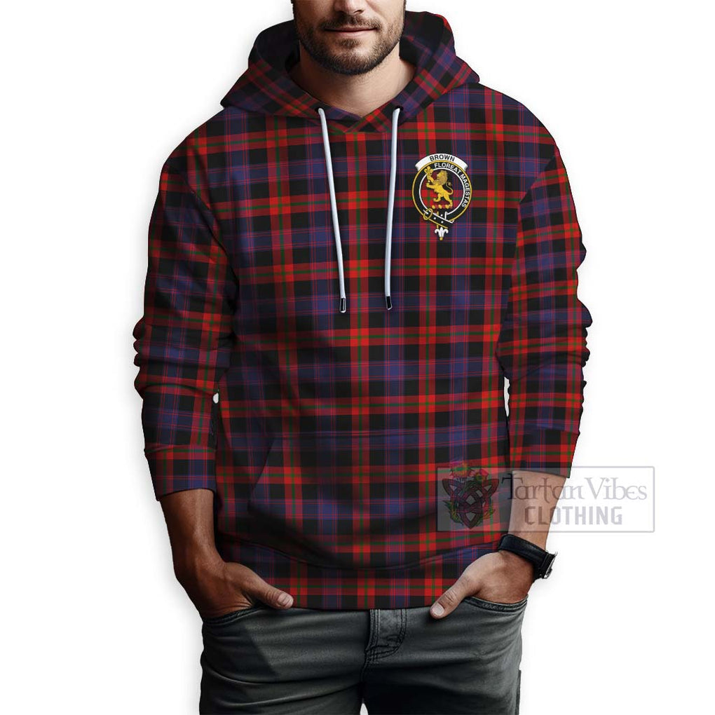 Tartan Vibes Clothing Brown (Broun) Tartan Hoodie with Family Crest and Bearded Skull Holding Bottles of Whiskey