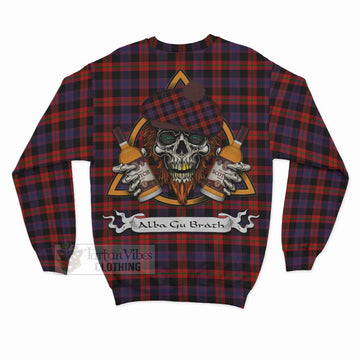 Tartan Vibes Clothing Brown (Broun) Tartan Sweatshirt with Family Crest and Bearded Skull Holding Bottles of Whiskey