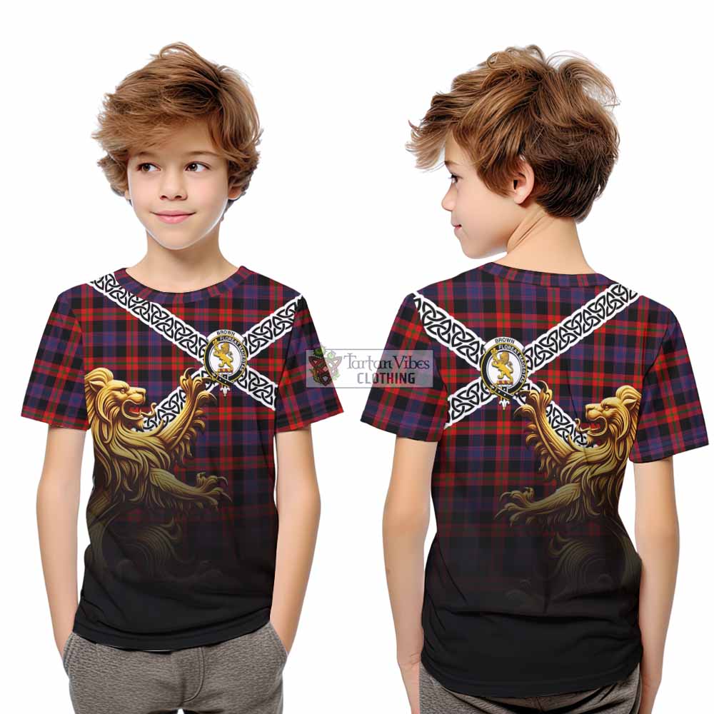 Tartan Vibes Clothing Brown (Broun) Crest Tartan Kid T-Shirt with Golden Lion Emblem Celtic Style
