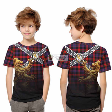 Tartan Vibes Clothing Brown (Broun) Crest Tartan Kid T-Shirt with Golden Lion Emblem Celtic Style