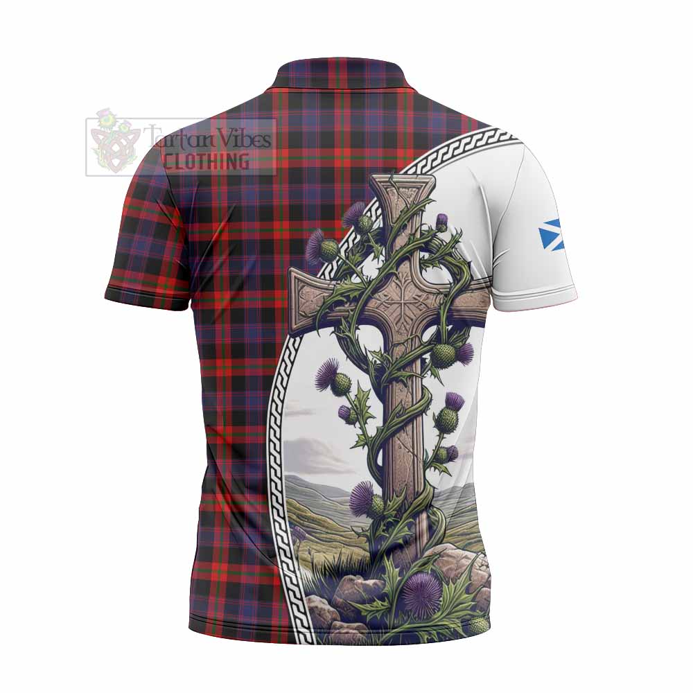 Tartan Vibes Clothing Brown (Broun) Tartan Zipper Polo Shirt with Family Crest and St. Andrew's Cross Accented by Thistle Vines