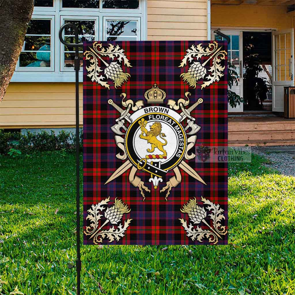 Tartan Vibes Clothing Brown (Broun) Tartan Flag with Family Crest and Golden Thistle Crossed Sword Design