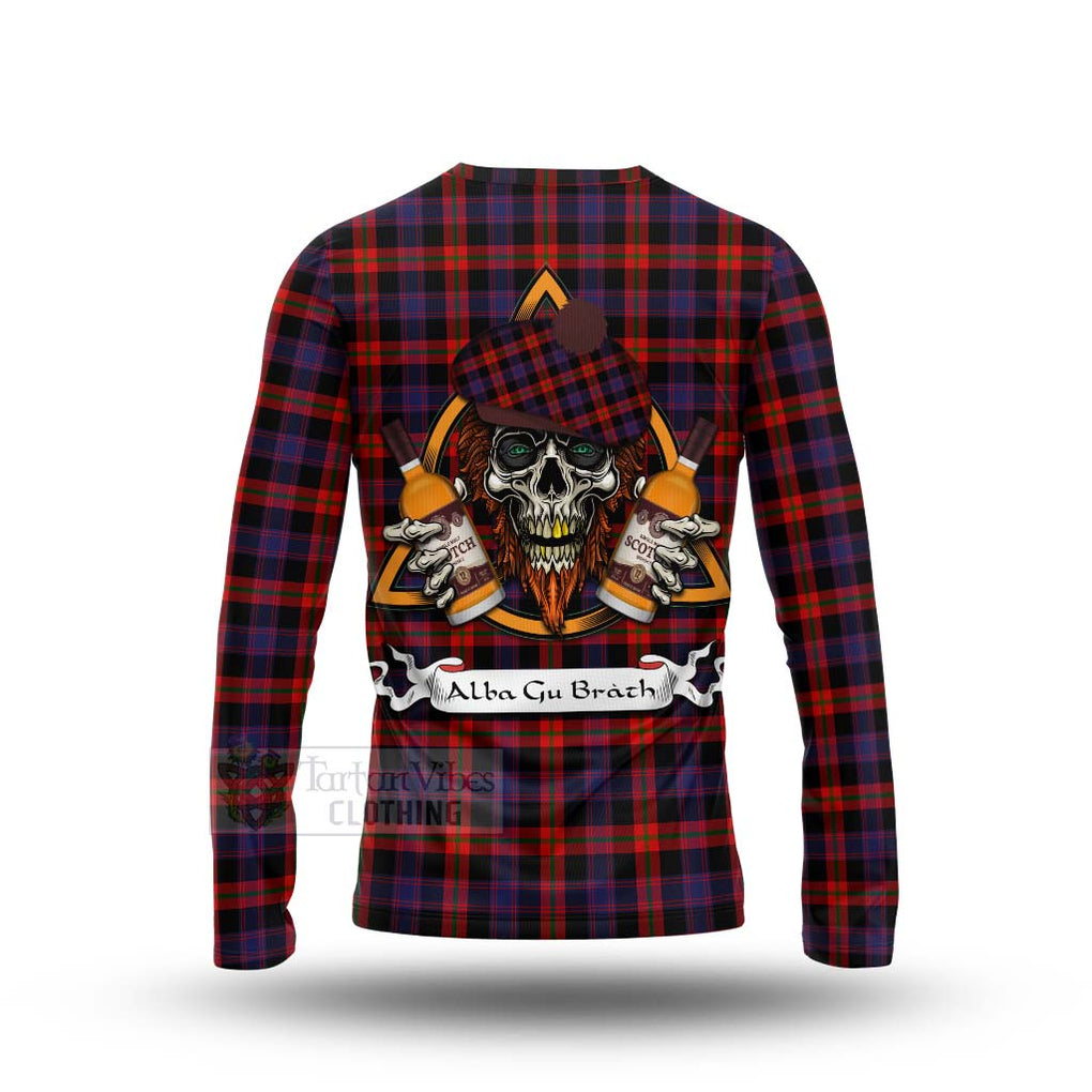 Tartan Vibes Clothing Brown (Broun) Tartan Long Sleeve T-Shirt with Family Crest and Bearded Skull Holding Bottles of Whiskey