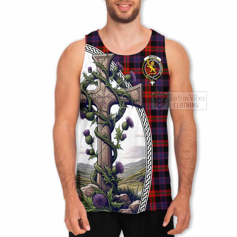 Tartan Vibes Clothing Brown (Broun) Tartan Men's Tank Top with Family Crest and St. Andrew's Cross Accented by Thistle Vines