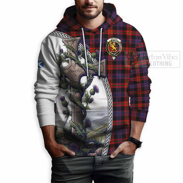 Tartan Vibes Clothing Brown (Broun) Tartan Hoodie with Family Crest and St. Andrew's Cross Accented by Thistle Vines