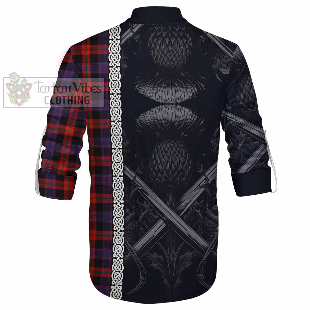 Tartan Vibes Clothing Brown (Broun) Tartan Ghillie Kilt Shirt with Family Crest Cross Sword Thistle Celtic Vibes