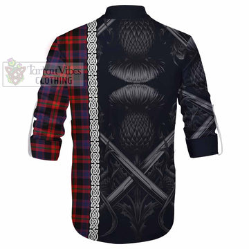 Tartan Vibes Clothing Brown (Broun) Tartan Ghillie Kilt Shirt with Family Crest Cross Sword Thistle Celtic Vibes