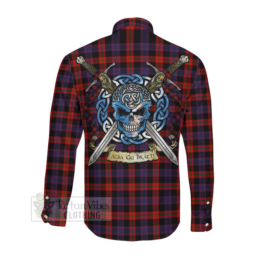 Tartan Vibes Clothing Brown (Broun) Tartan Long Sleeve Button Shirt with Family Crest Celtic Skull Style