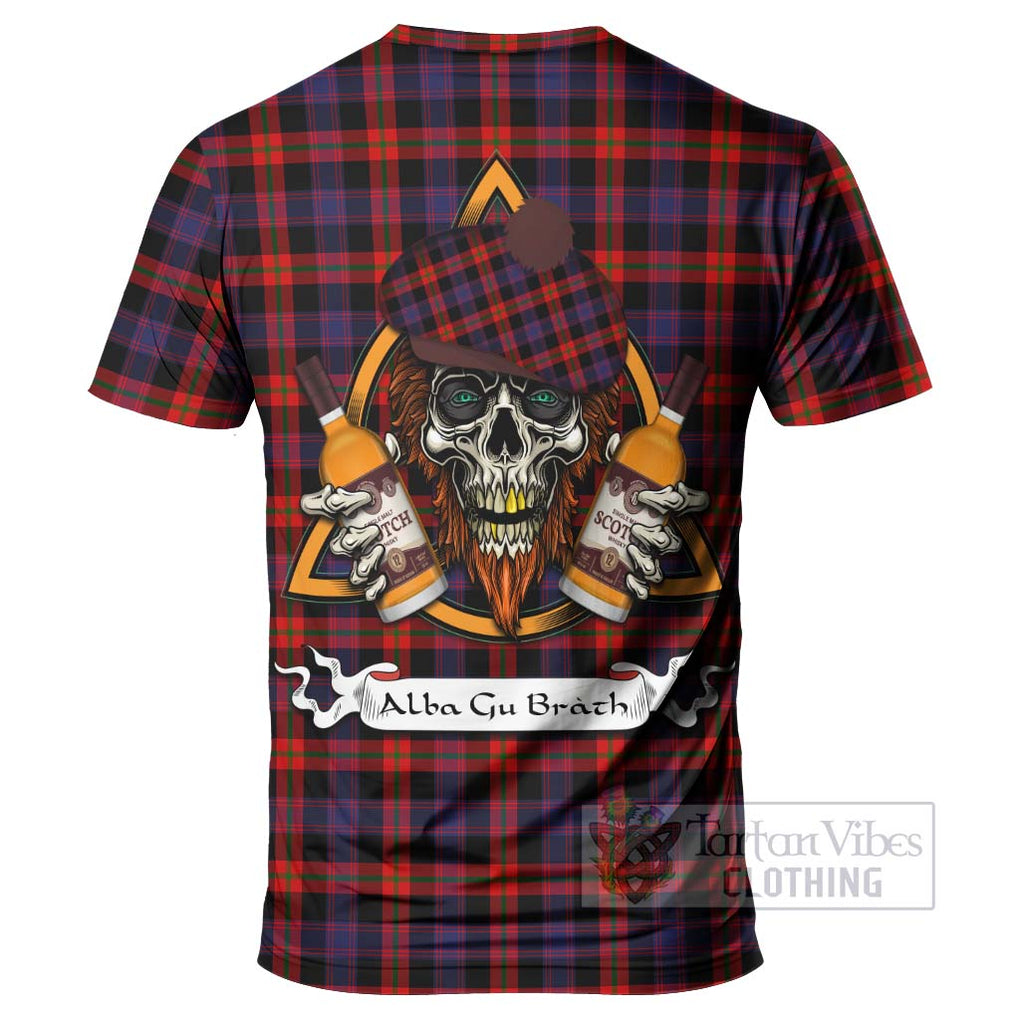 Tartan Vibes Clothing Brown (Broun) Tartan T-Shirt with Family Crest and Bearded Skull Holding Bottles of Whiskey