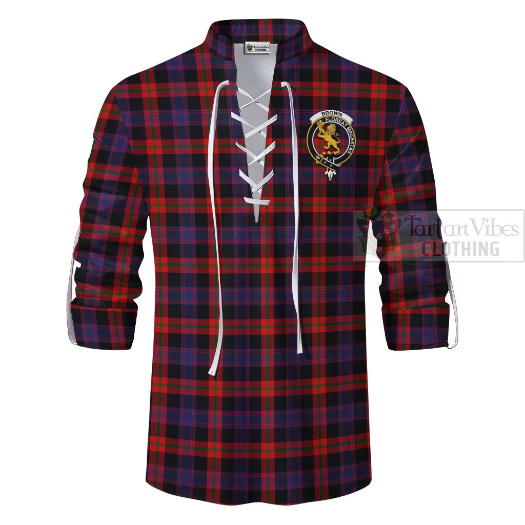 Tartan Vibes Clothing Brown (Broun) Tartan Ghillie Kilt Shirt with Family Crest and Bearded Skull Holding Bottles of Whiskey