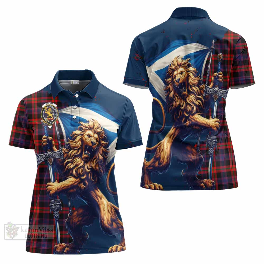 Tartan Vibes Clothing Brown (Broun) Tartan Family Crest Women's Polo Shirt with Scottish Majestic Lion