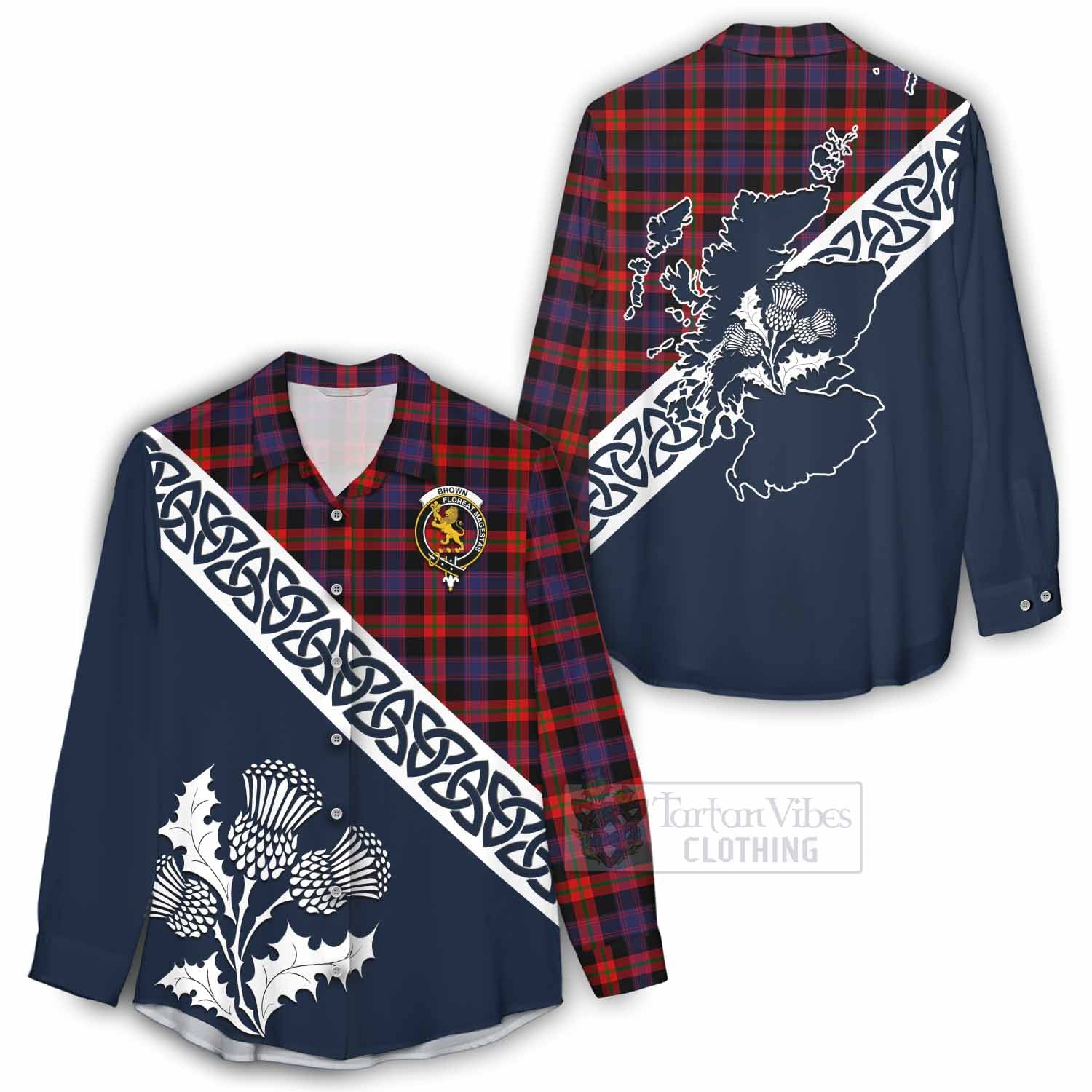 Tartan Vibes Clothing Brown (Broun) Tartan Women's Casual Shirt Featuring Thistle and Scotland Map