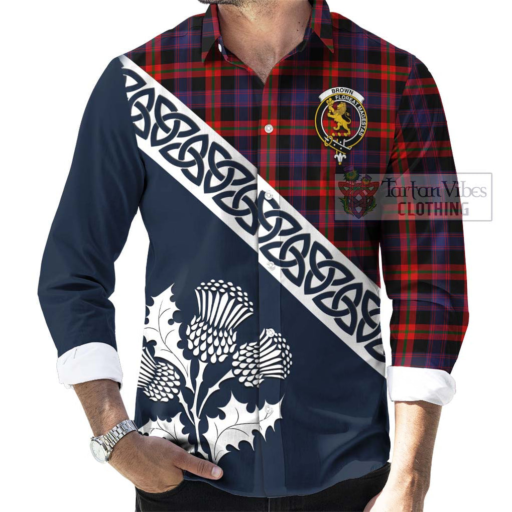 Tartan Vibes Clothing Brown (Broun) Tartan Long Sleeve Button Shirt Featuring Thistle and Scotland Map