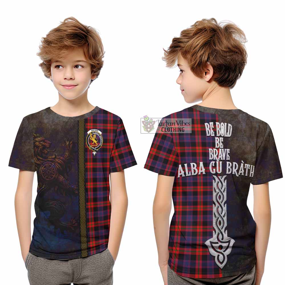 Tartan Vibes Clothing Brown (Broun) Tartan Family Crest Kid T-Shirt Alba Gu Brath Be Brave Lion Ancient Style