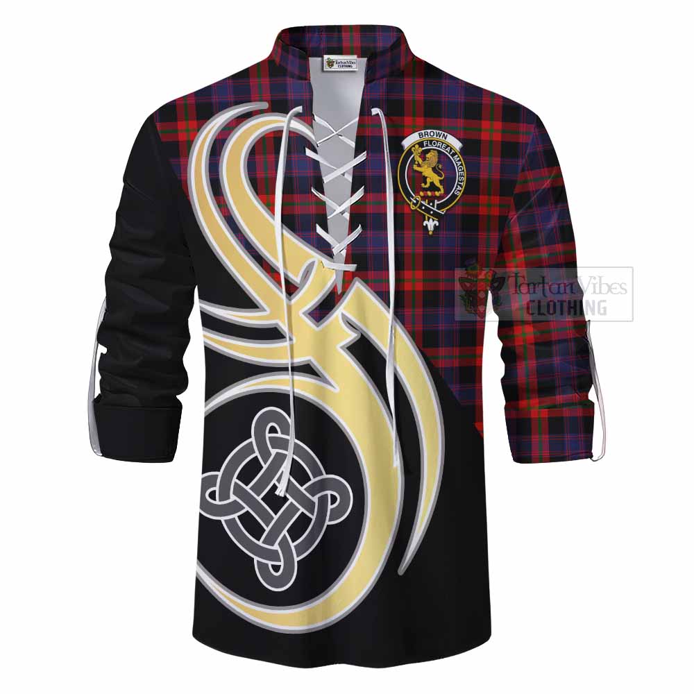 Tartan Vibes Clothing Brown (Broun) Tartan Ghillie Kilt Shirt with Family Crest and Celtic Symbol Style