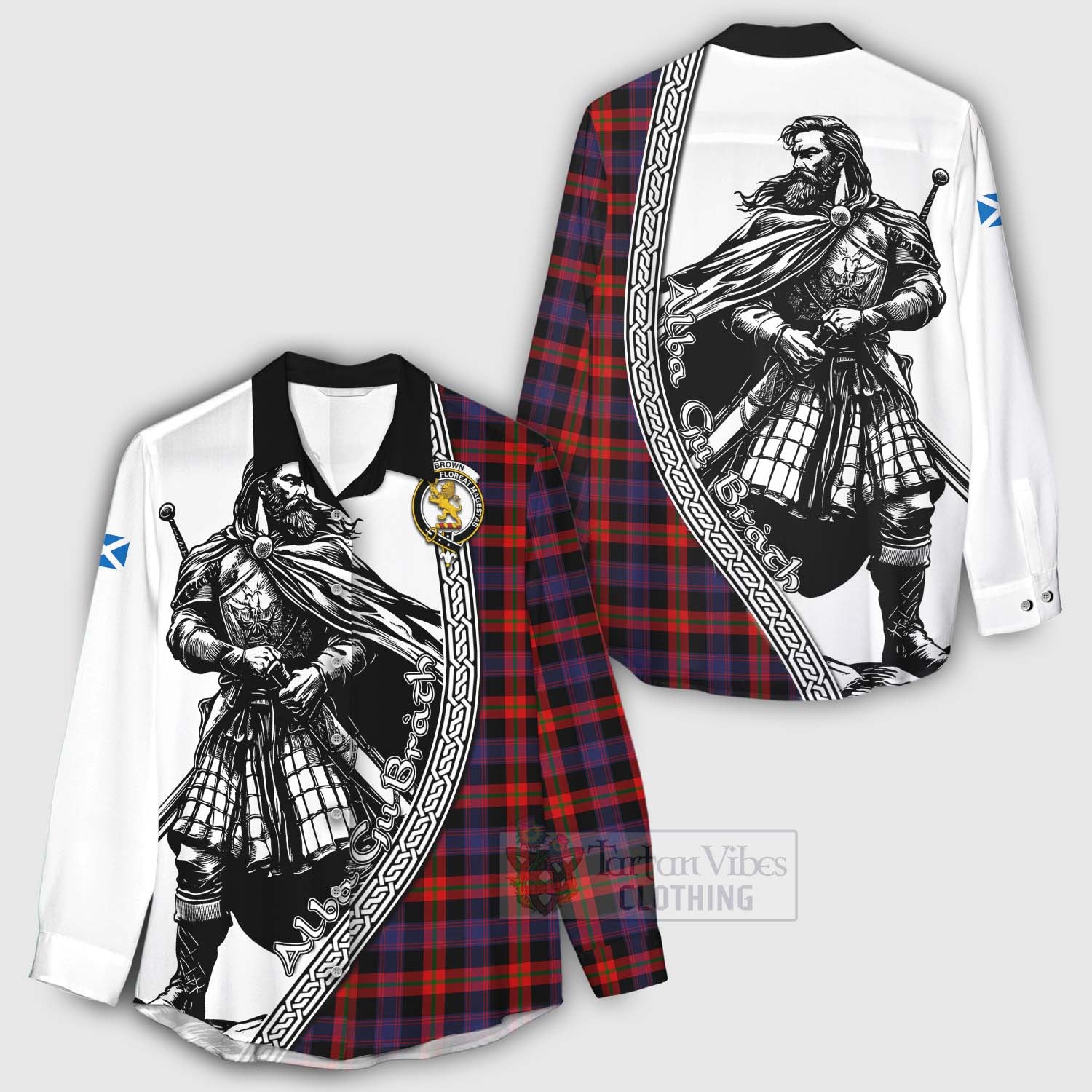 Tartan Vibes Clothing Brown (Broun) Tartan Clan Crest Women's Casual Shirt with Highlander Warrior Celtic Style
