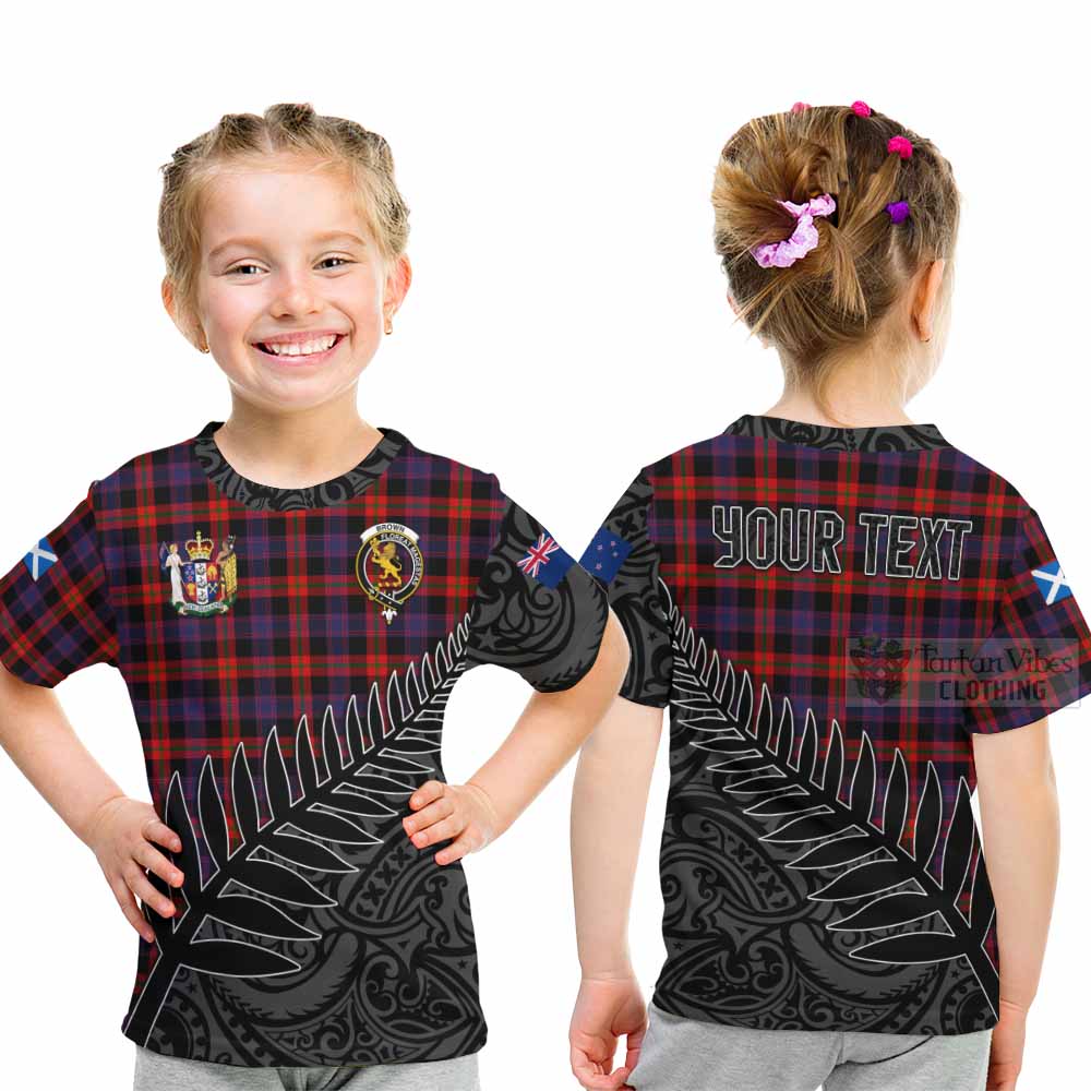 Tartan Vibes Clothing Brown (Broun) Crest Tartan Kid T-Shirt with New Zealand Silver Fern Half Style
