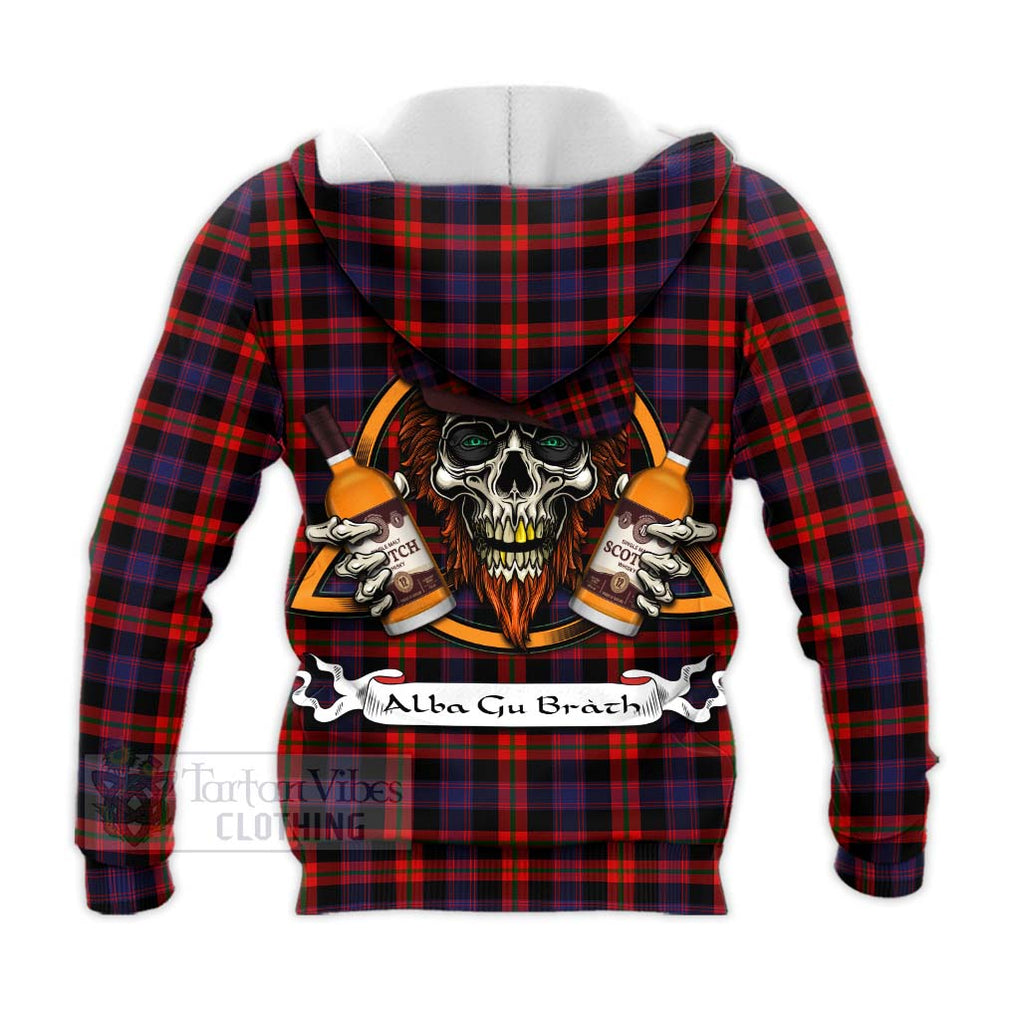 Tartan Vibes Clothing Brown (Broun) Tartan Knitted Hoodie with Family Crest and Bearded Skull Holding Bottles of Whiskey