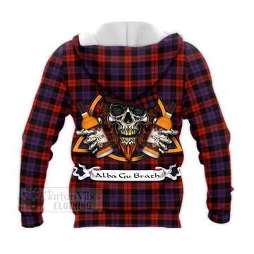 Tartan Vibes Clothing Brown (Broun) Tartan Knitted Hoodie with Family Crest and Bearded Skull Holding Bottles of Whiskey
