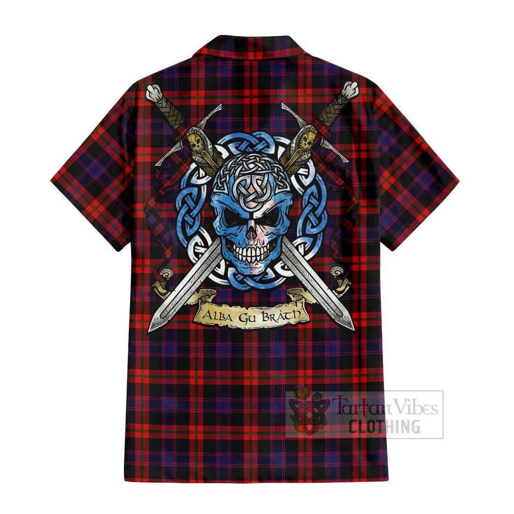 Tartan Vibes Clothing Brown (Broun) Tartan Short Sleeve Button Shirt with Family Crest Celtic Skull Style