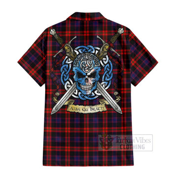 Tartan Vibes Clothing Brown (Broun) Tartan Short Sleeve Button Shirt with Family Crest Celtic Skull Style