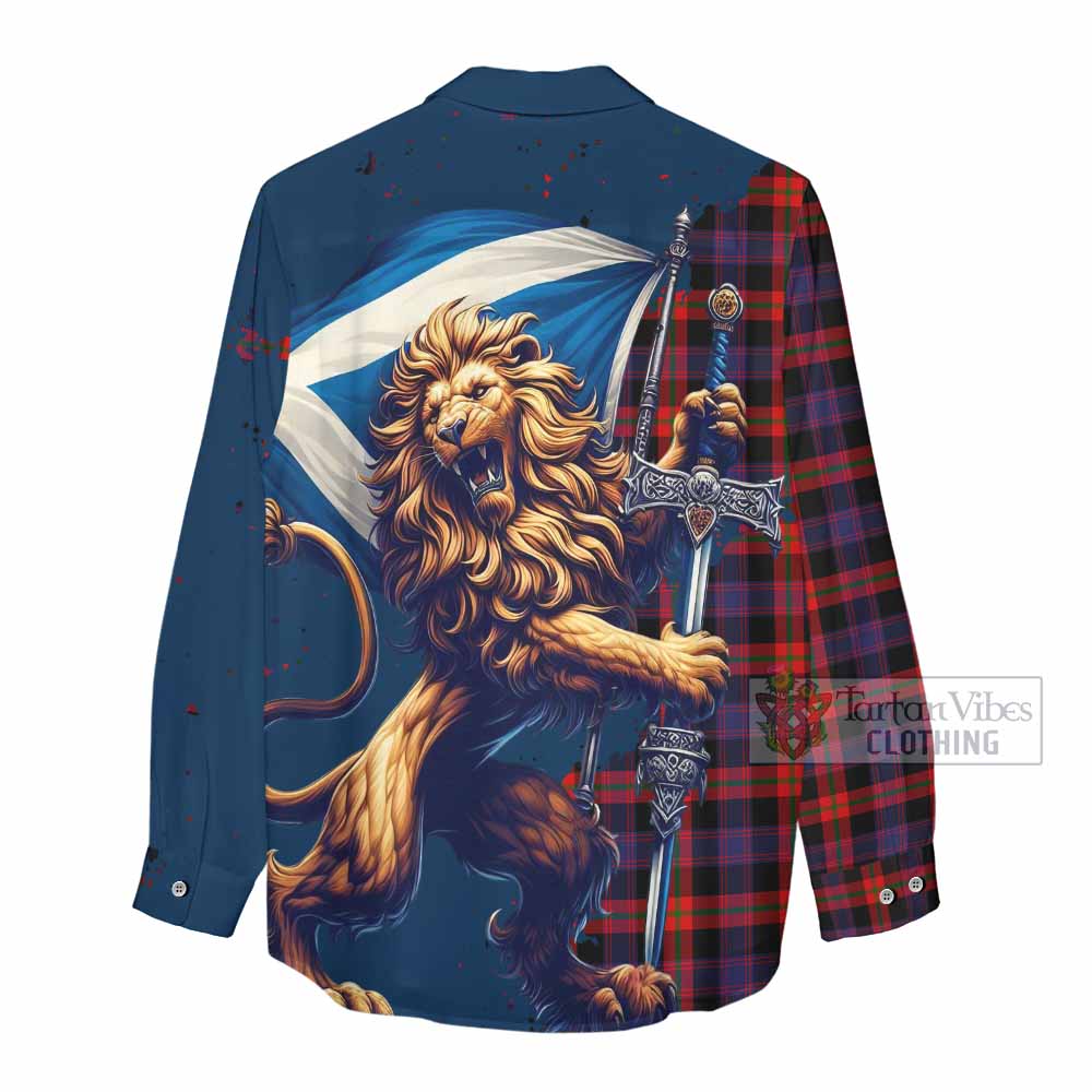 Tartan Vibes Clothing Brown (Broun) Tartan Family Crest Women's Casual Shirt with Scottish Majestic Lion