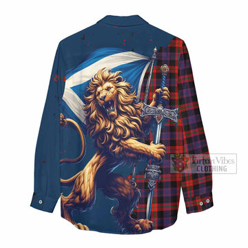 Tartan Vibes Clothing Brown (Broun) Tartan Family Crest Women's Casual Shirt with Scottish Majestic Lion