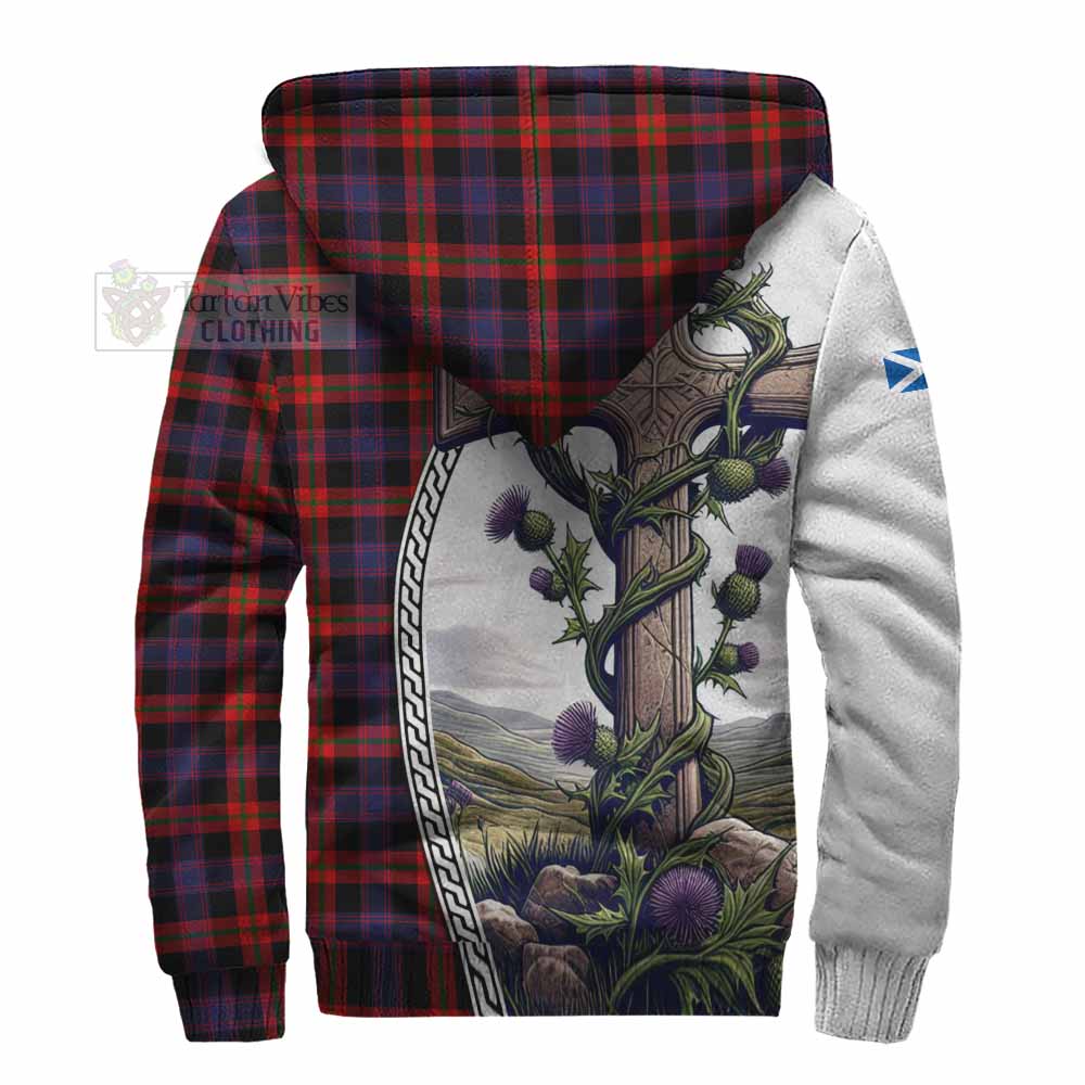 Tartan Vibes Clothing Brown (Broun) Tartan Sherpa Hoodie with Family Crest and St. Andrew's Cross Accented by Thistle Vines