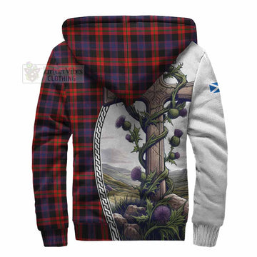 Tartan Vibes Clothing Brown (Broun) Tartan Sherpa Hoodie with Family Crest and St. Andrew's Cross Accented by Thistle Vines