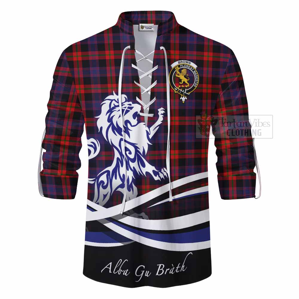 Tartan Vibes Clothing Brown (Broun) Tartan Ghillie Kilt Shirt with Alba Gu Brath Regal Lion Emblem