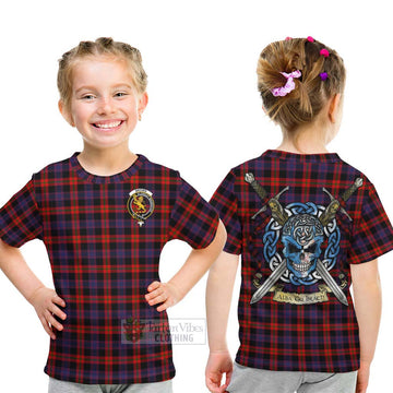 Tartan Vibes Clothing Brown (Broun) Tartan Kid T-Shirt with Family Crest Celtic Skull Style