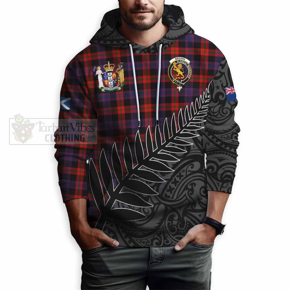 Tartan Vibes Clothing Brown (Broun) Crest Tartan Hoodie with New Zealand Silver Fern Half Style