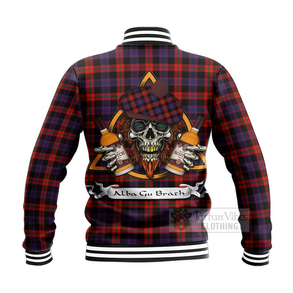 Tartan Vibes Clothing Brown (Broun) Tartan Baseball Jacket with Family Crest and Bearded Skull Holding Bottles of Whiskey