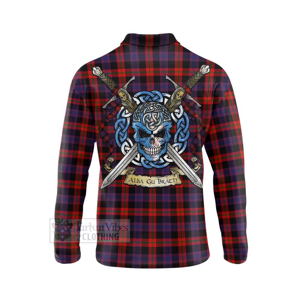 Tartan Vibes Clothing Brown (Broun) Tartan Long Sleeve Polo Shirt with Family Crest Celtic Skull Style