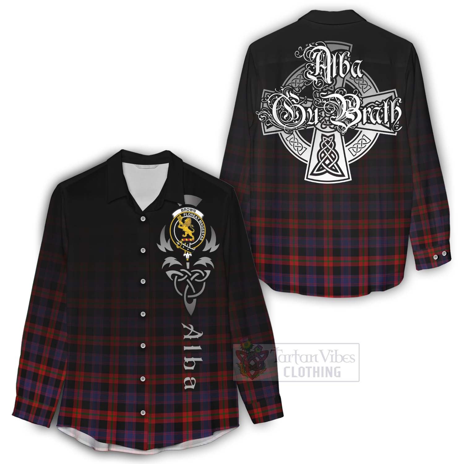 Tartan Vibes Clothing Brown (Broun) Tartan Women's Casual Shirt Featuring Alba Gu Brath Family Crest Celtic Inspired