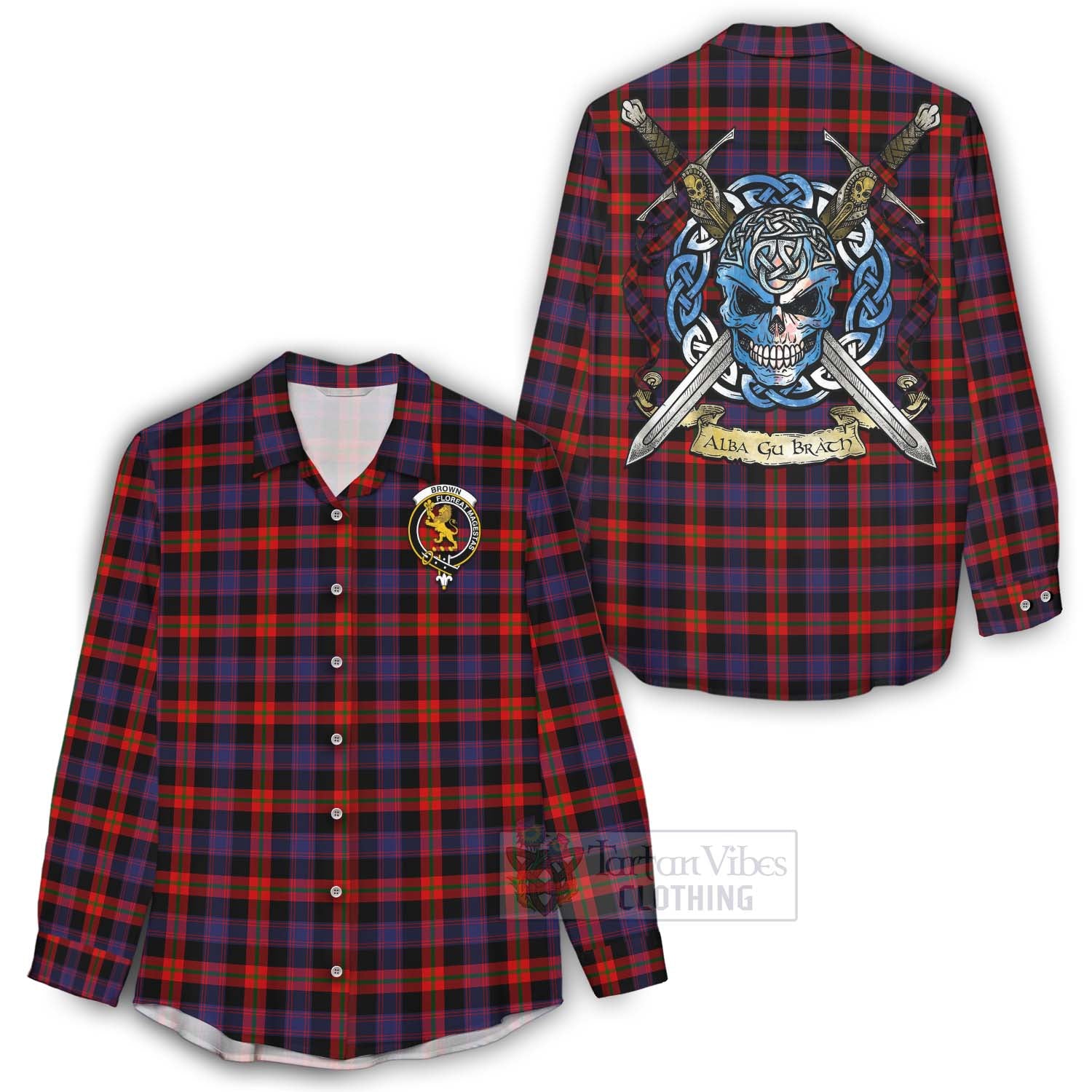 Tartan Vibes Clothing Brown (Broun) Tartan Women's Casual Shirt with Family Crest Celtic Skull Style