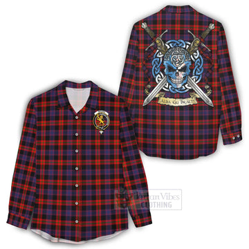 Tartan Vibes Clothing Brown (Broun) Tartan Women's Casual Shirt with Family Crest Celtic Skull Style