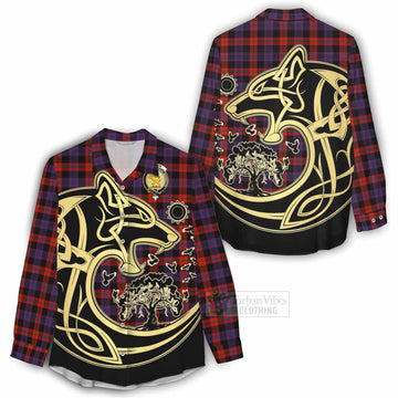 Tartan Vibes Clothing Brown (Broun) Tartan Women's Casual Shirt with Family Crest Celtic Wolf Style