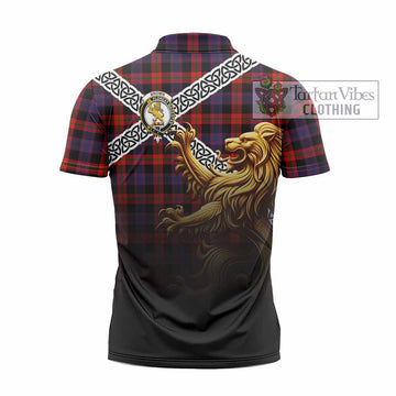 Tartan Vibes Clothing Brown (Broun) Crest Tartan Zipper Polo Shirt with Golden Lion Emblem Celtic Style