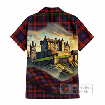 Tartan Vibes Clothing Brown (Broun) Tartan Family Crest Short Sleeve Button Shirt with Scottish Ancient Castle Style