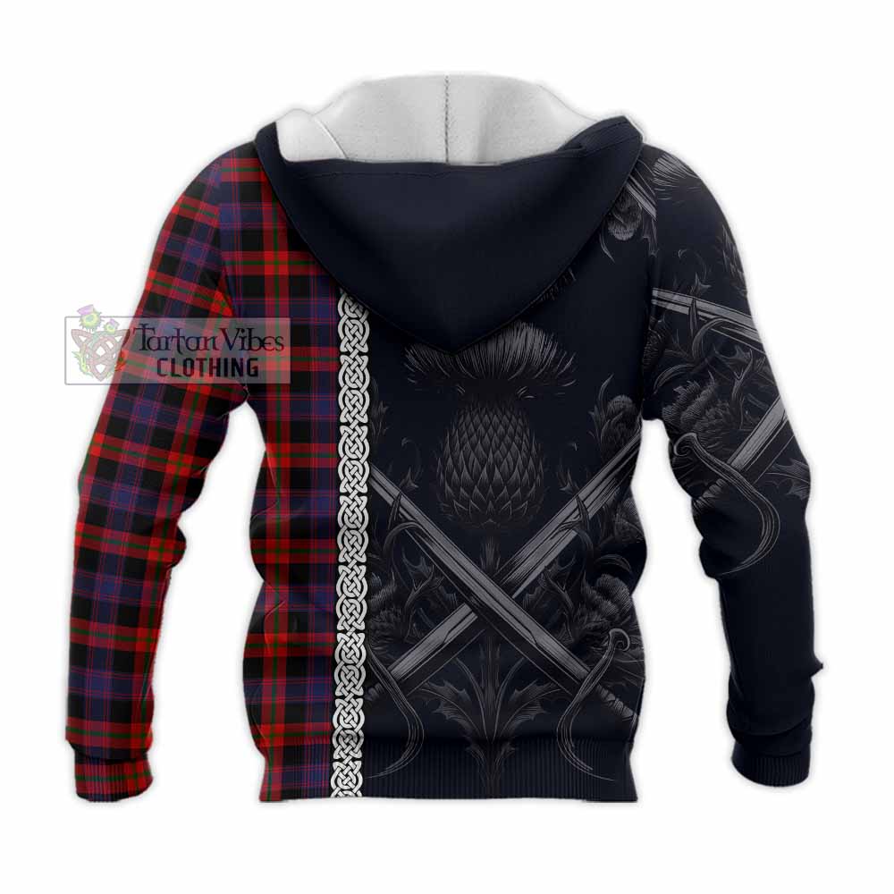 Tartan Vibes Clothing Brown (Broun) Tartan Knitted Hoodie with Family Crest Cross Sword Thistle Celtic Vibes