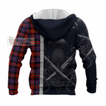 Tartan Vibes Clothing Brown (Broun) Tartan Knitted Hoodie with Family Crest Cross Sword Thistle Celtic Vibes
