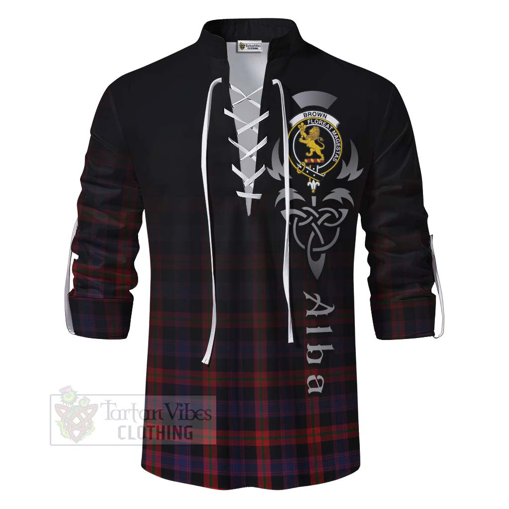 Tartan Vibes Clothing Brown (Broun) Tartan Ghillie Kilt Shirt Featuring Alba Gu Brath Family Crest Celtic Inspired